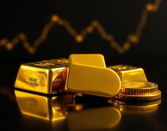 Gold bars and coins on reflective surface with subtle price chart background