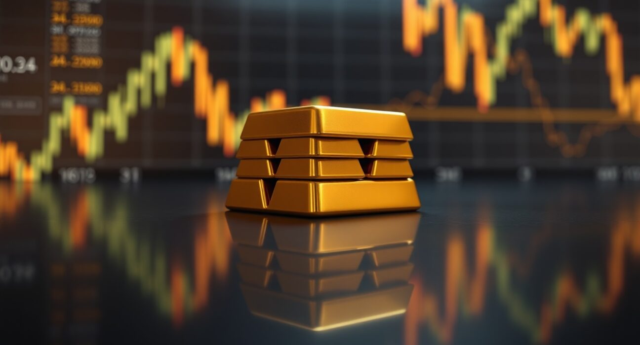 Stack of gold bars with financial charts in background representing gold price forecast and market analysis