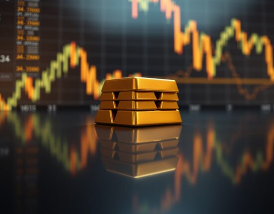 Stack of gold bars with financial charts in background representing gold price forecast and market analysis
