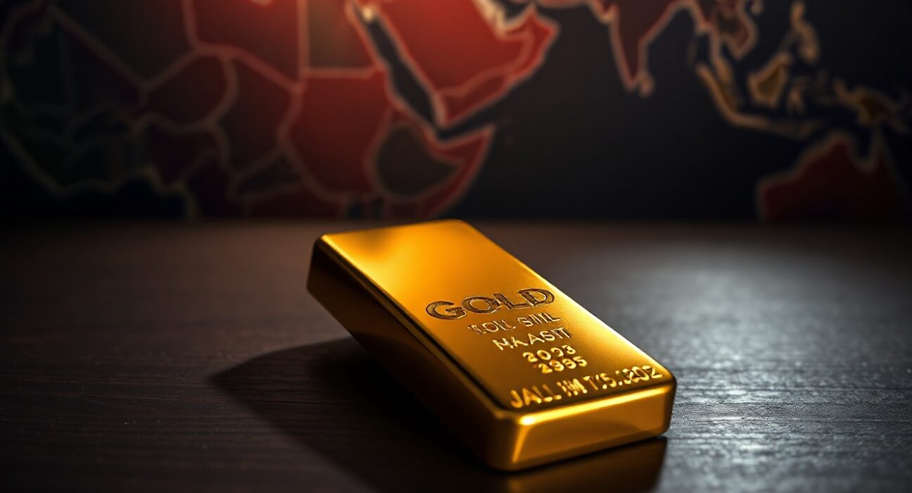 Gold bullion bar on dark surface with blurred map of Middle East in background