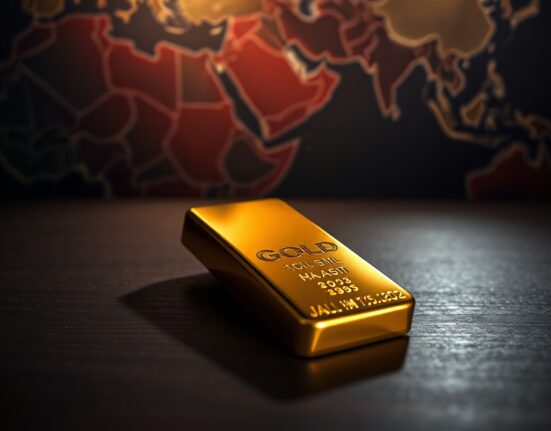 Gold bullion bar on dark surface with blurred map of Middle East in background