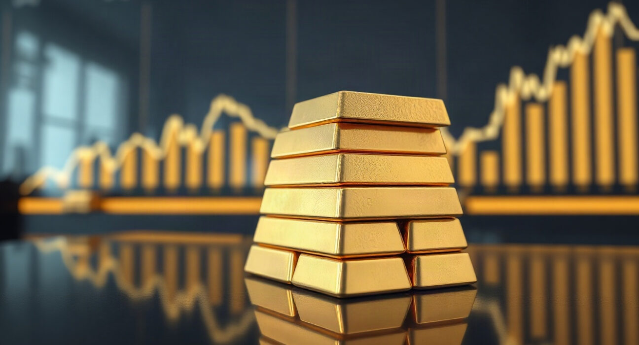 Gold bullion bars stacked on a dark surface with a subtle price chart in the background