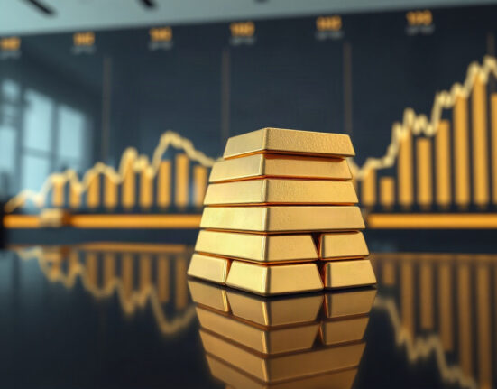 Gold bullion bars stacked on a dark surface with a subtle price chart in the background