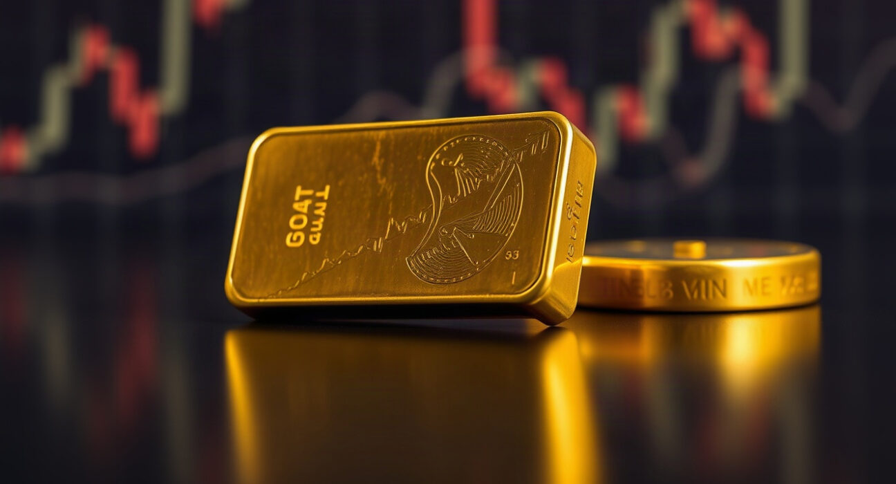 Gold bullion bar near a chart, symbolizing price forecast and Federal Reserve influence.
