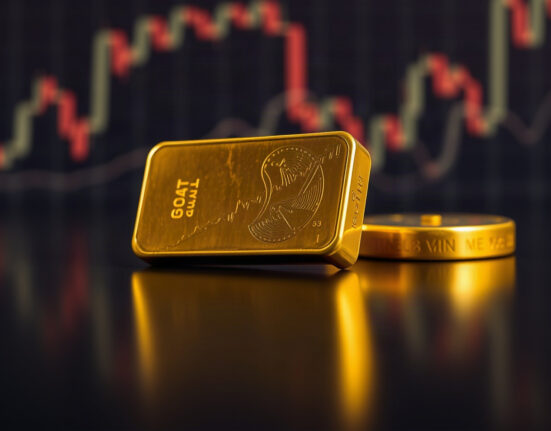 Gold bullion bar near a chart, symbolizing price forecast and Federal Reserve influence.