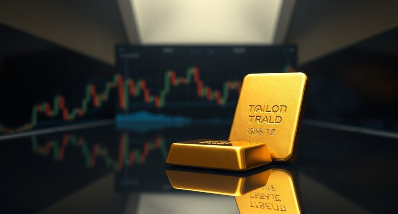Gold bullion bar on reflective surface, symbolizing the XAU/USD price rally above $4,400.