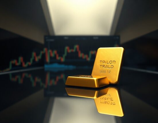 Gold bullion bar on reflective surface, symbolizing the XAU/USD price rally above $4,400.