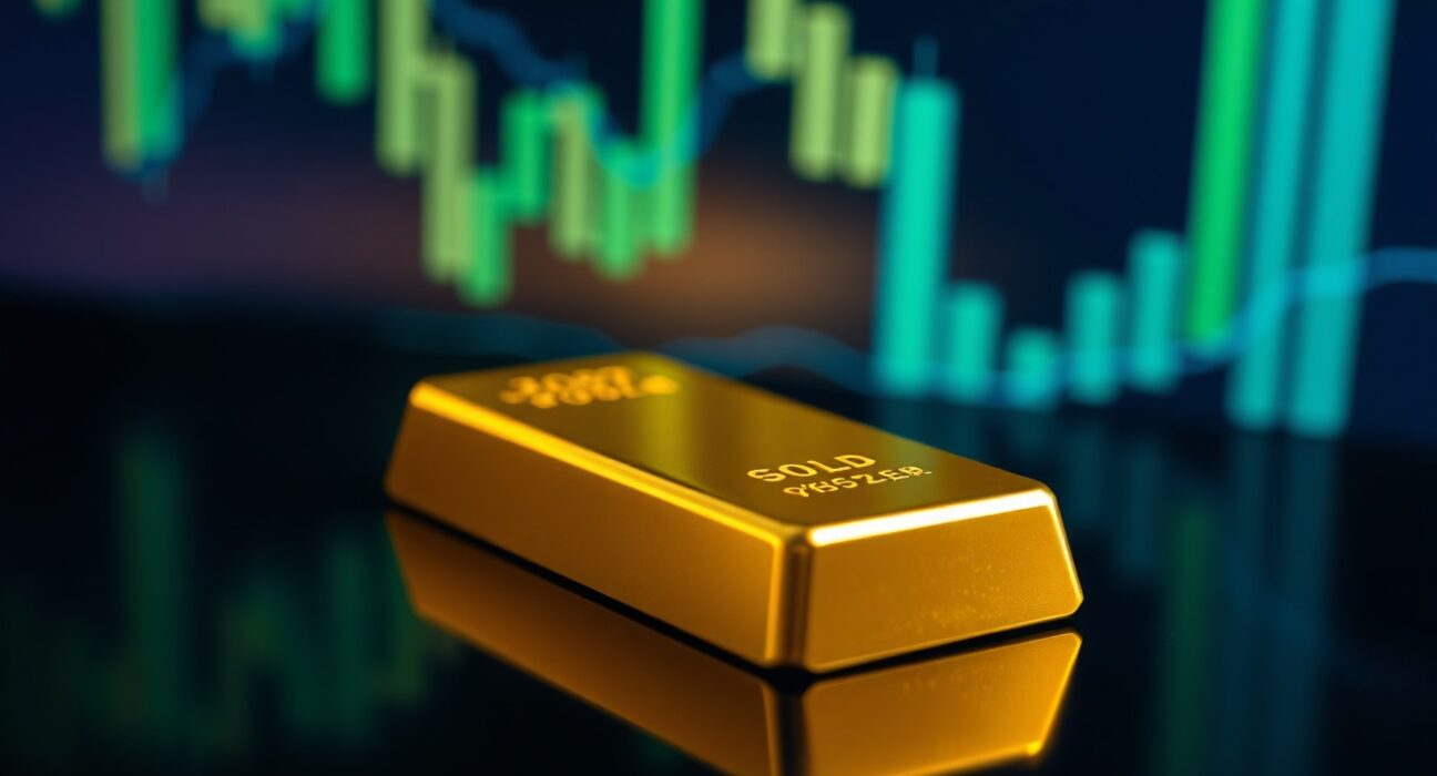 Gold bar on reflective surface with financial chart background indicating price stability above $4,700