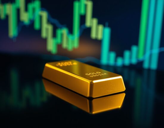 Gold bar on reflective surface with financial chart background indicating price stability above $4,700