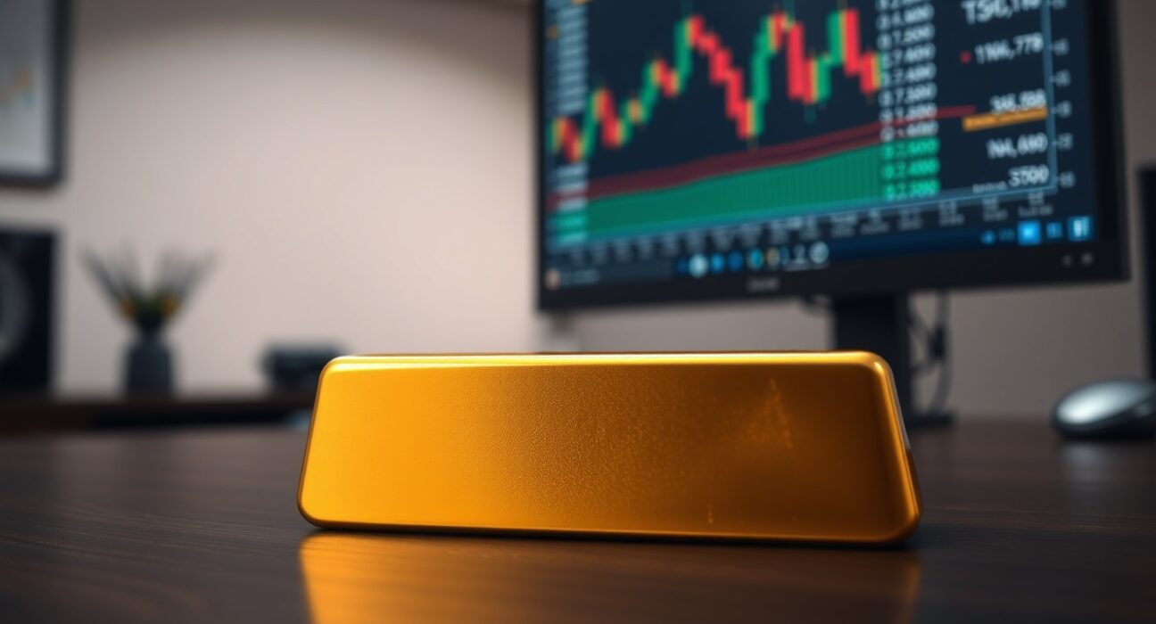 Gold bar on dark wood surface with blurred financial chart in background