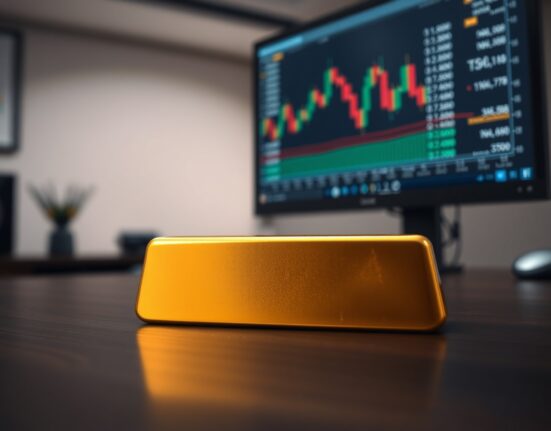 Gold bar on dark wood surface with blurred financial chart in background
