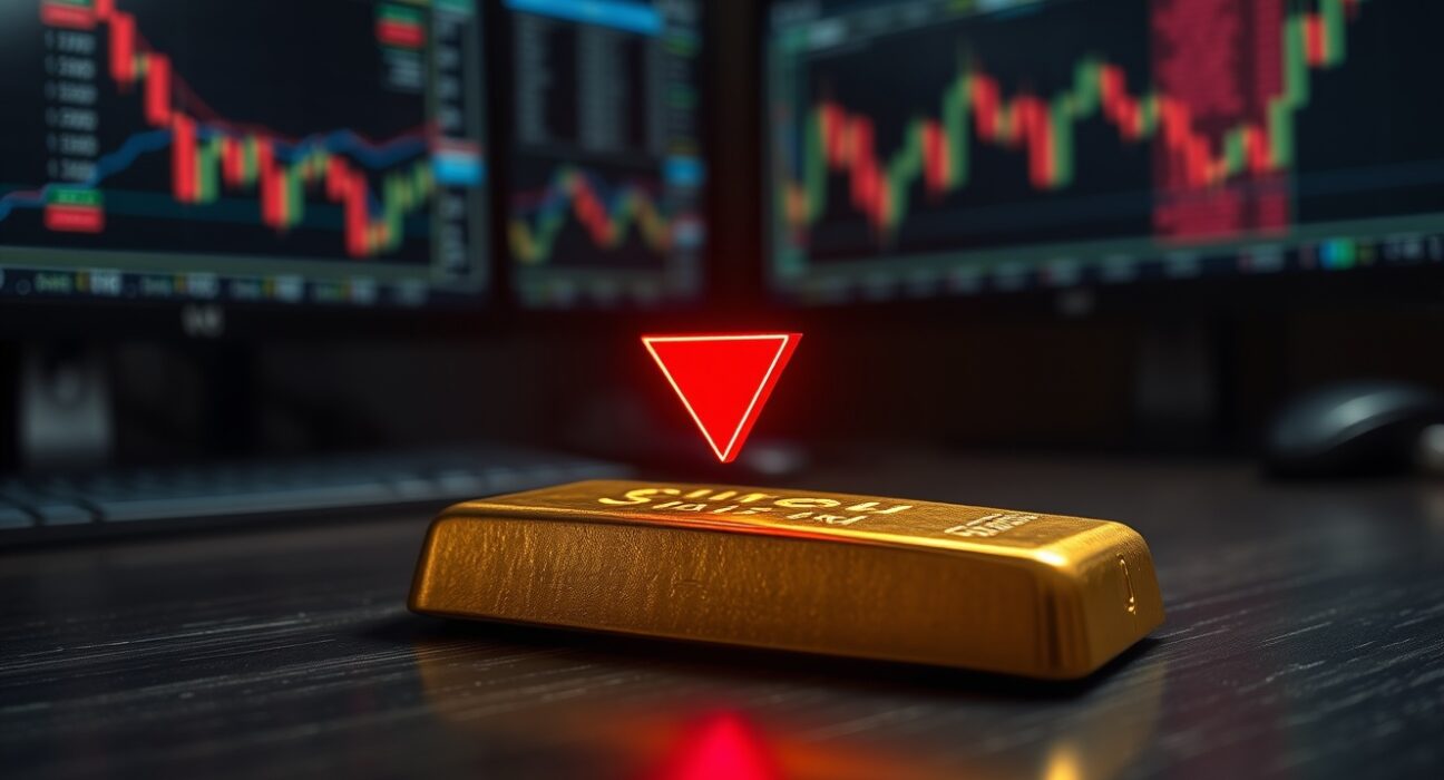 Gold bar with a downward red arrow symbolizing bearish pressure in gold price forecast