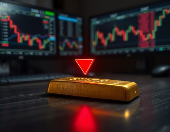 Gold bar with a downward red arrow symbolizing bearish pressure in gold price forecast