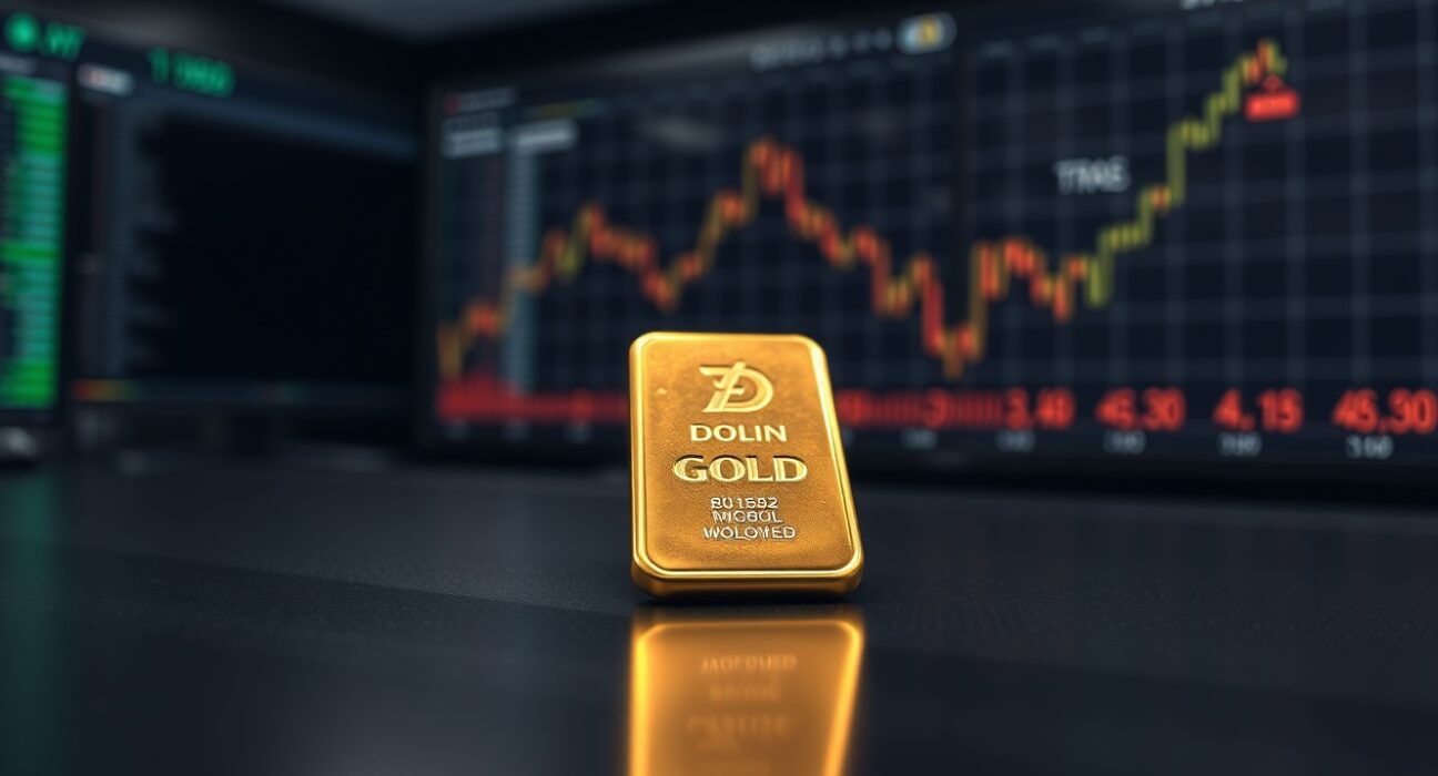 Gold bar on a dark surface with a subtle price chart in the background