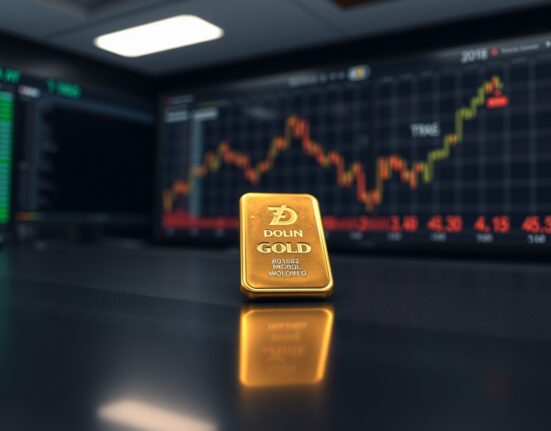Gold bar on a dark surface with a subtle price chart in the background