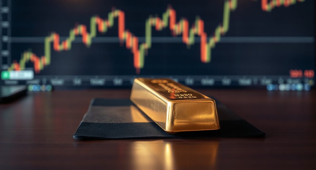 Gold bar on wooden surface with blurred financial chart in background representing gold price analysis