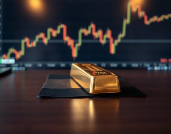 Gold bar on wooden surface with blurred financial chart in background representing gold price analysis