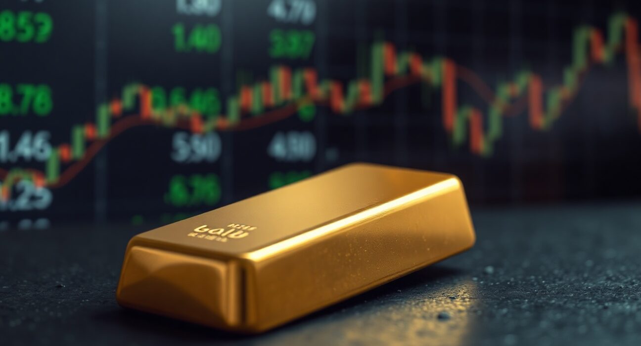 Gold bar on dark surface with financial market display in background