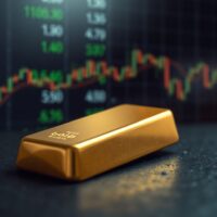 Gold bar on dark surface with financial market display in background