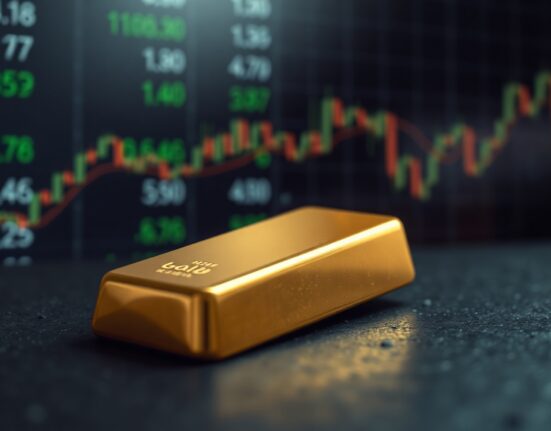 Gold bar on dark surface with financial market display in background