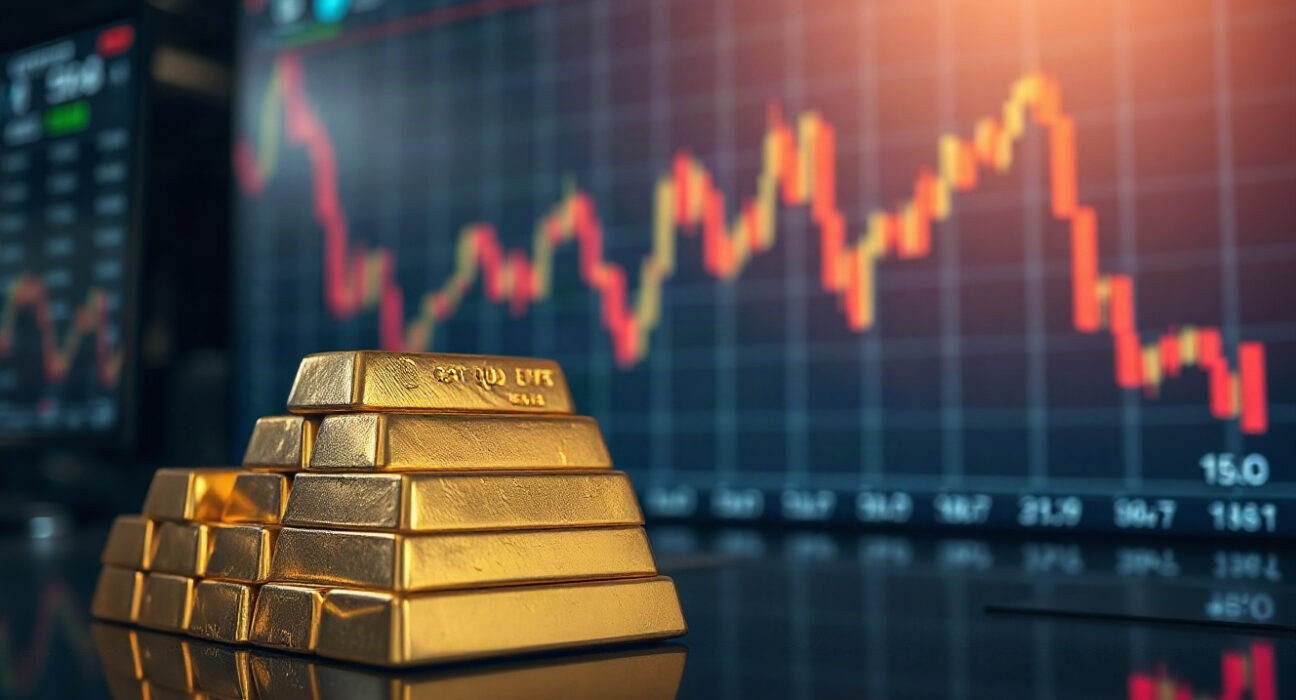 Gold bars with a blurred financial chart showing a downward trend, representing the recent XAU/USD price decline.