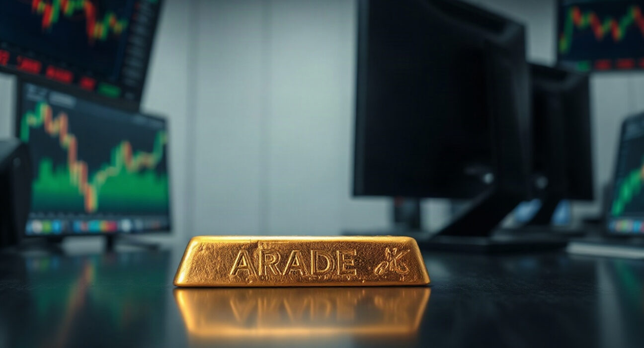 Gold bullion bar with financial chart in background, representing XAU/USD price movement.