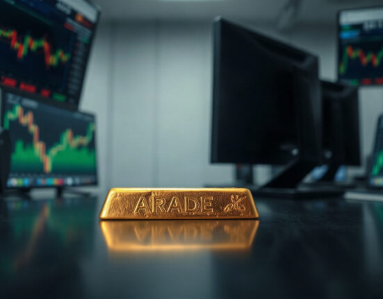Gold bullion bar with financial chart in background, representing XAU/USD price movement.