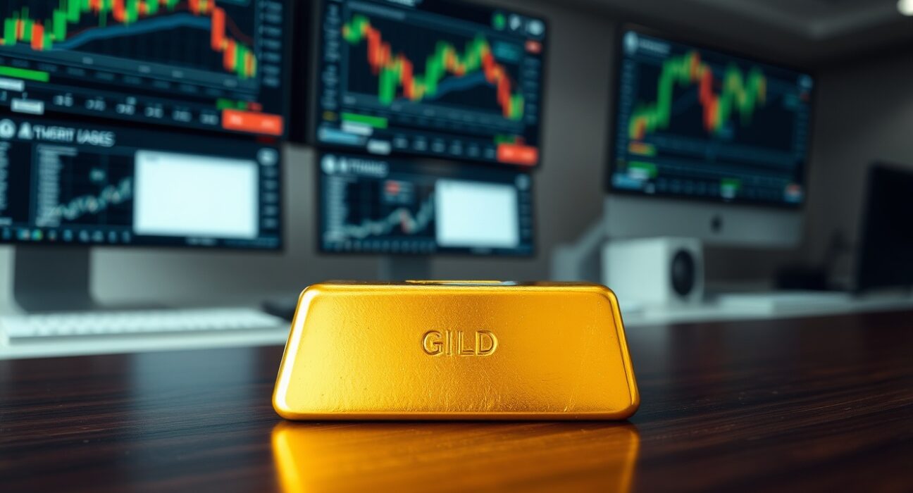 Gold bar on wooden surface with blurred financial charts in background representing XAU/USD price analysis