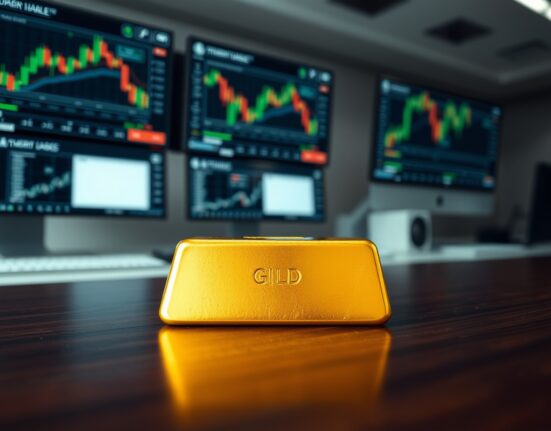 Gold bar on wooden surface with blurred financial charts in background representing XAU/USD price analysis