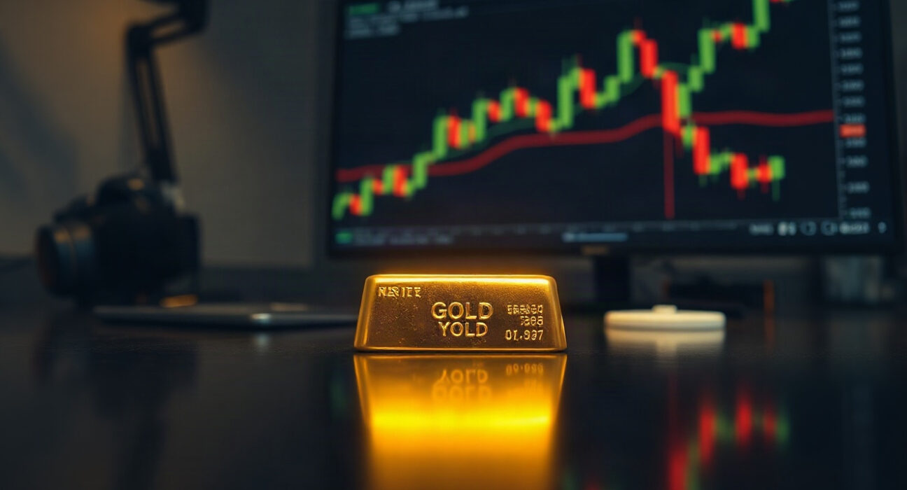 Gold bar on trading desk with chart in background