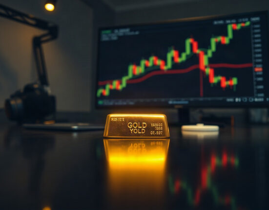 Gold bar on trading desk with chart in background