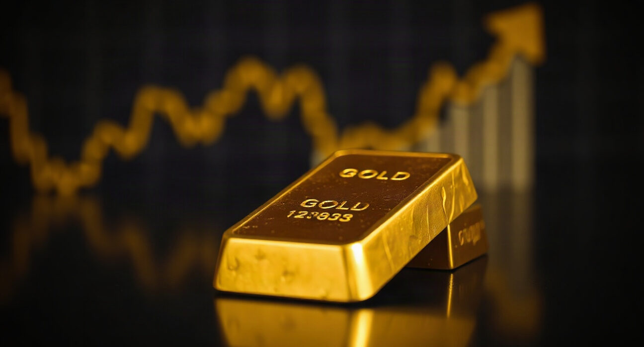 Gold bullion bar with a subtle price chart background, symbolizing bullish XAU/USD forecast