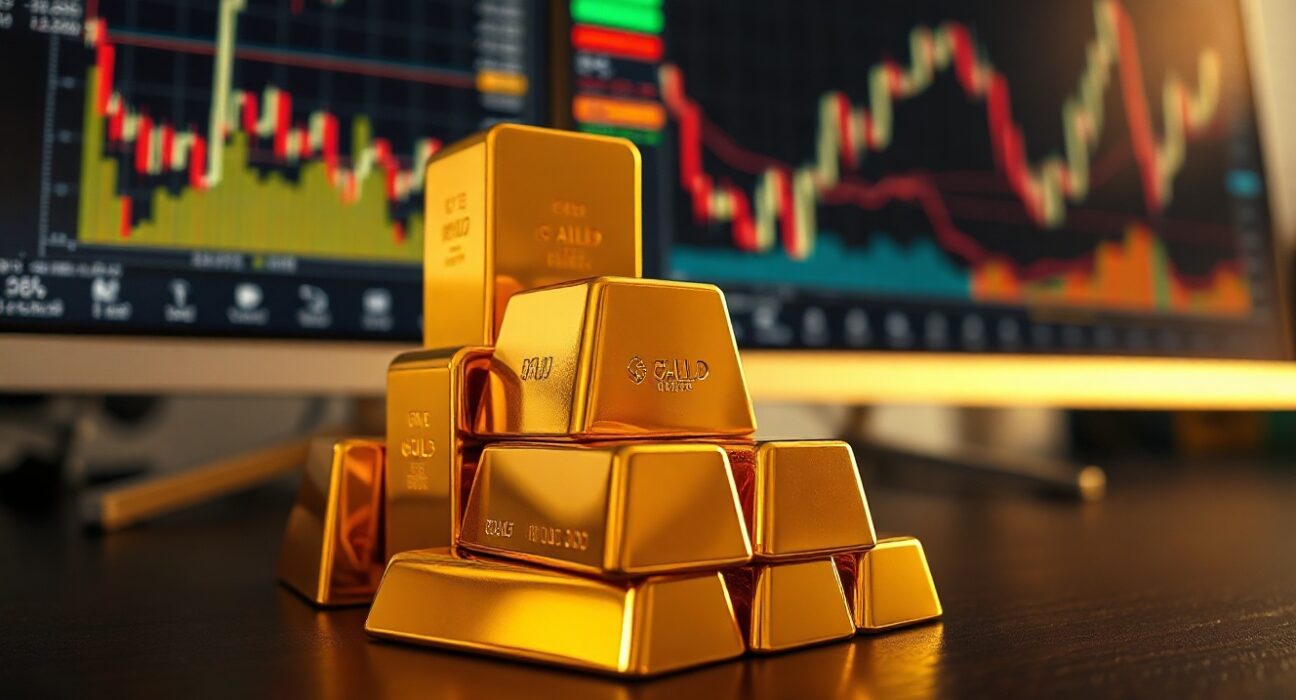 Gold bullion bars on a dark surface with financial charts in the background