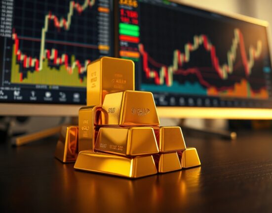 Gold bullion bars on a dark surface with financial charts in the background