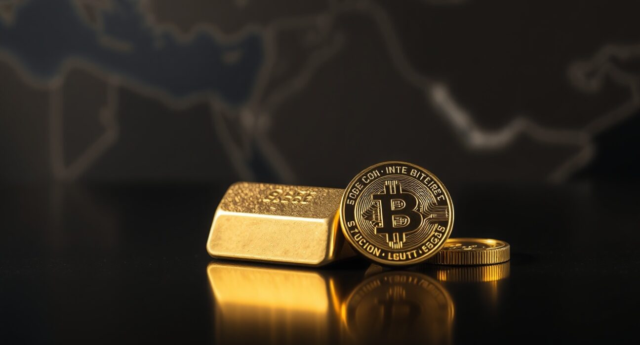 Gold bar and coin on reflective surface with blurred Middle East map background, representing geopolitical safe-haven demand.