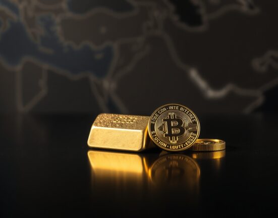 Gold bar and coin on reflective surface with blurred Middle East map background, representing geopolitical safe-haven demand.