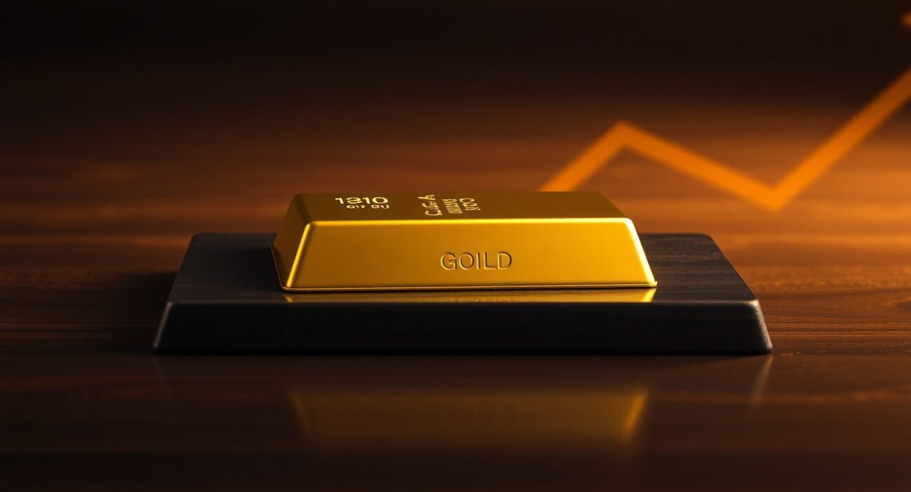 Gold bar on dark wooden surface with subtle upward arrow indicating bullish breakout near $4,070