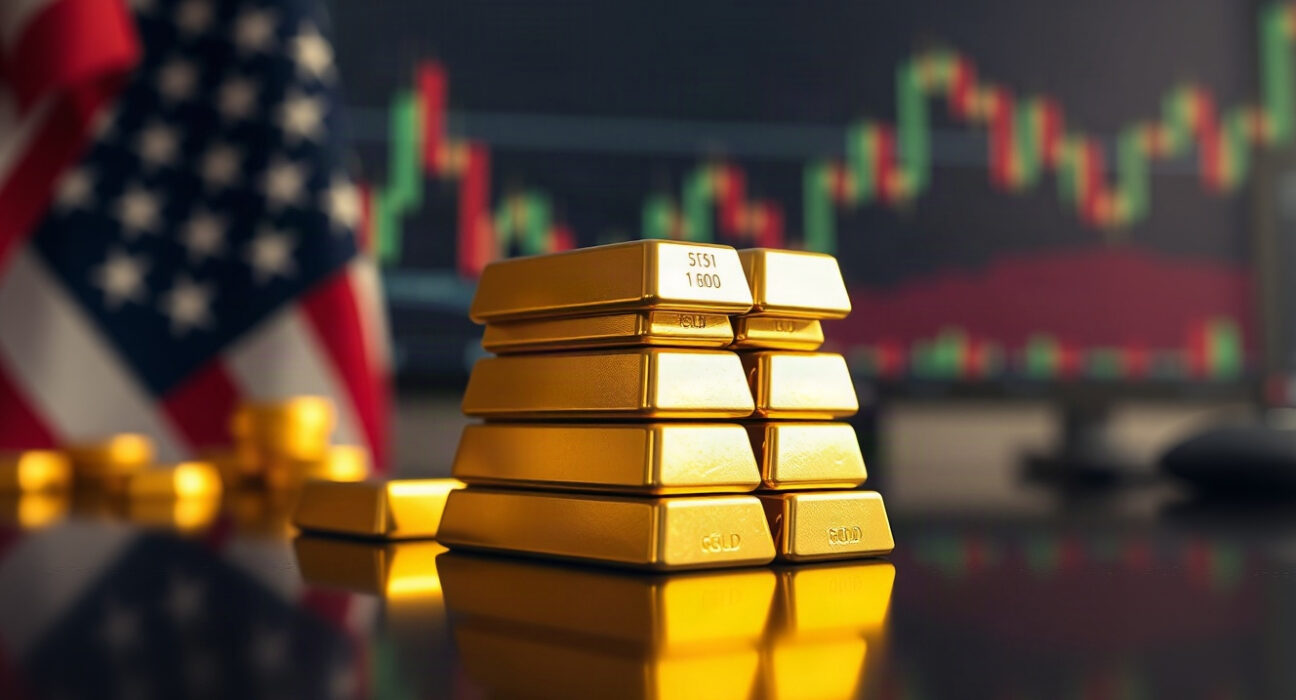 Gold bars with US flag and financial charts in background