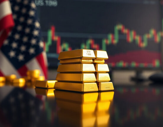 Gold bars with US flag and financial charts in background