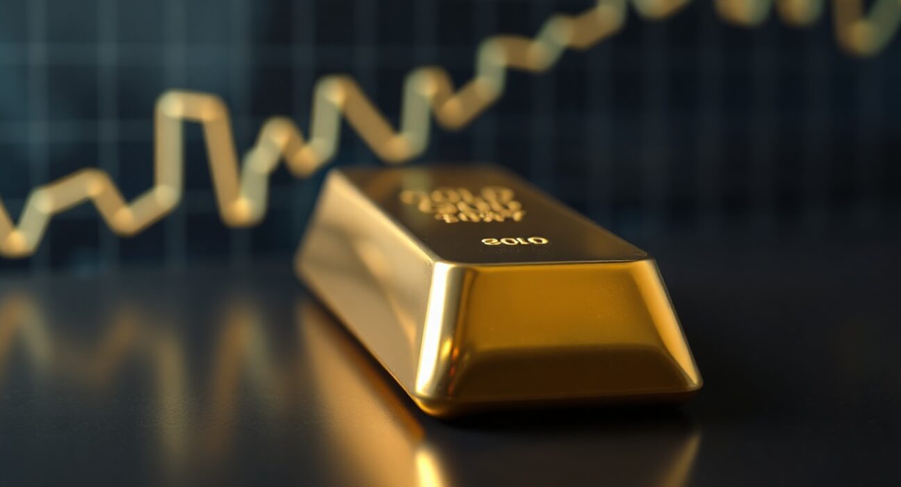 Gold bars with a chart overlay, representing XAU/USD price forecast above $4,380