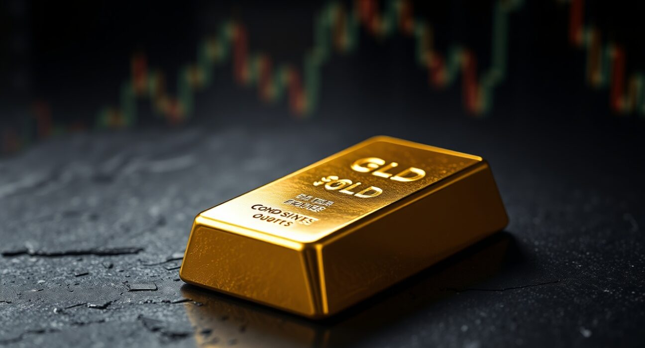 Gold price forecast analysis with bullion bar representing XAU/USD market volatility amid geopolitical risk.