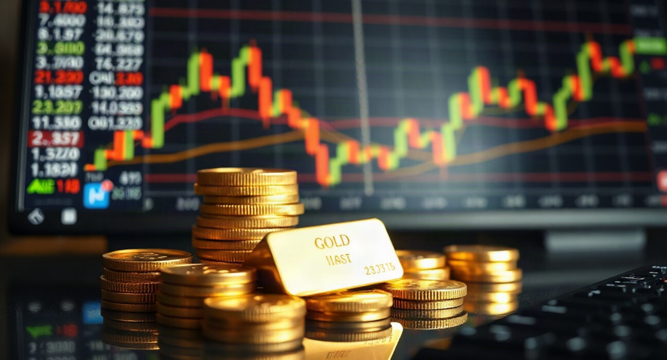 Gold bullion bars and coins reflecting market uncertainty amid geopolitical and monetary policy risks.