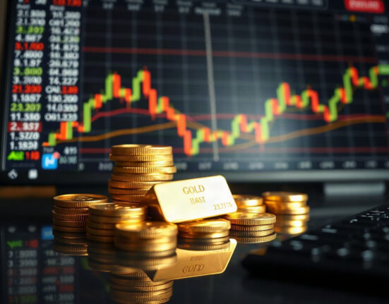 Gold bullion bars and coins reflecting market uncertainty amid geopolitical and monetary policy risks.