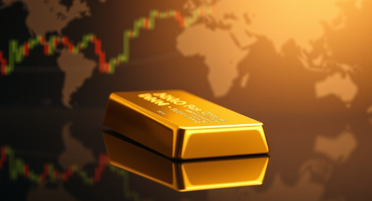 Gold bar on reflective surface with financial charts in background