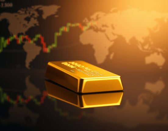 Gold bar on reflective surface with financial charts in background