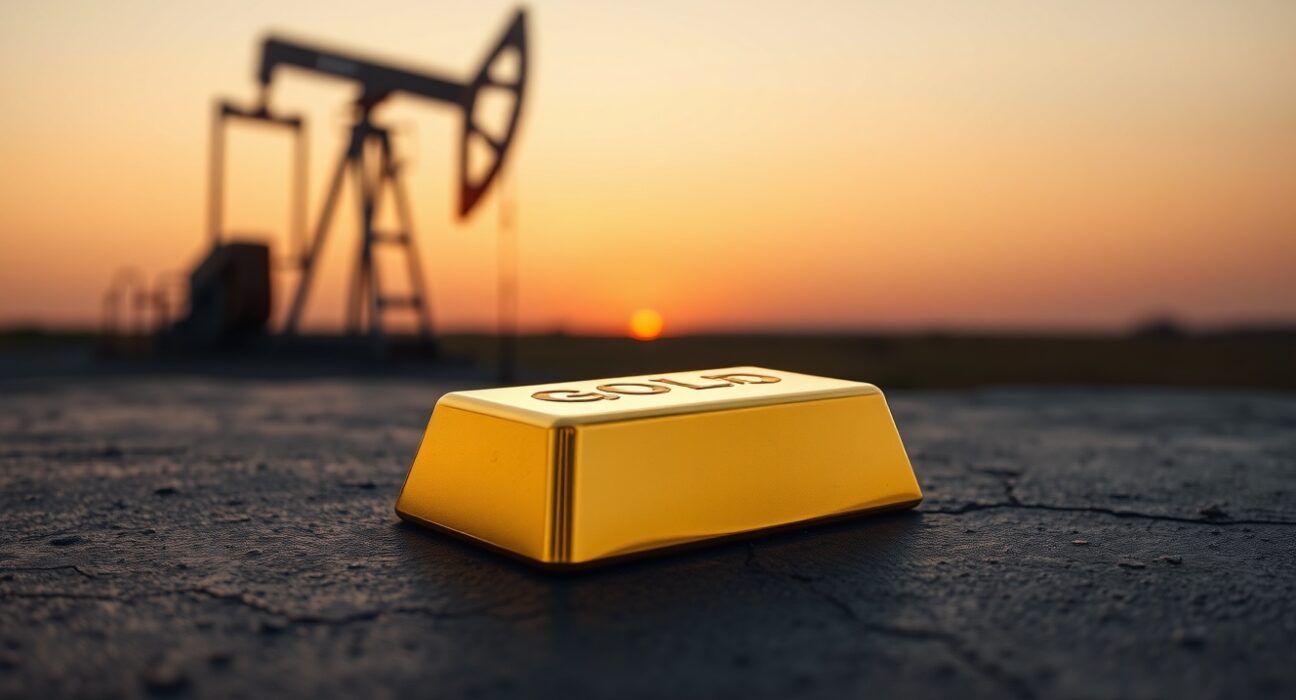 Gold bullion bar with oil pump jack silhouette in background representing gold price and oil market correlation