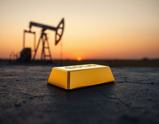 Gold bullion bar with oil pump jack silhouette in background representing gold price and oil market correlation