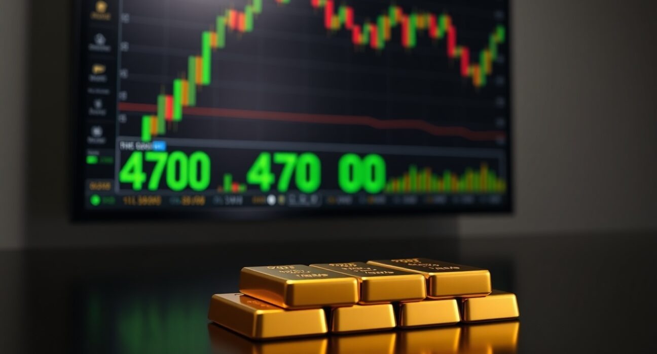 Gold bullion bars with trading charts in background representing gold price near $4,700