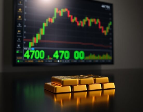 Gold bullion bars with trading charts in background representing gold price near $4,700