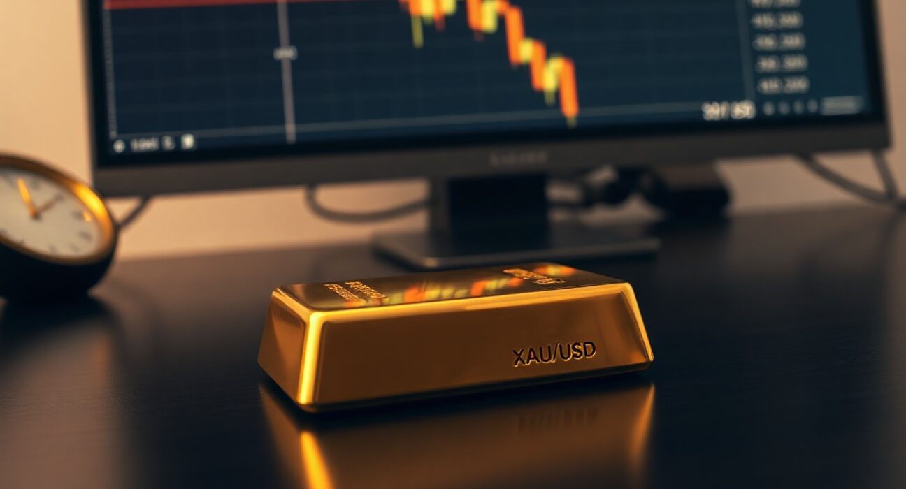Gold bar on wooden surface with blurred financial chart in background representing XAU/USD price forecast.